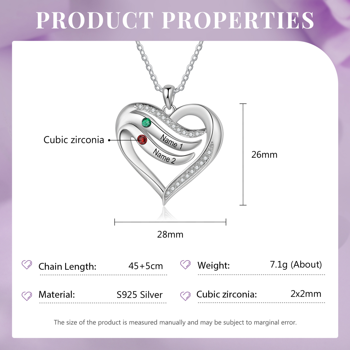 2 Names - Personalized S925 Silver Heart Necklace with Birthstone and Name, Beautiful Gift for Her