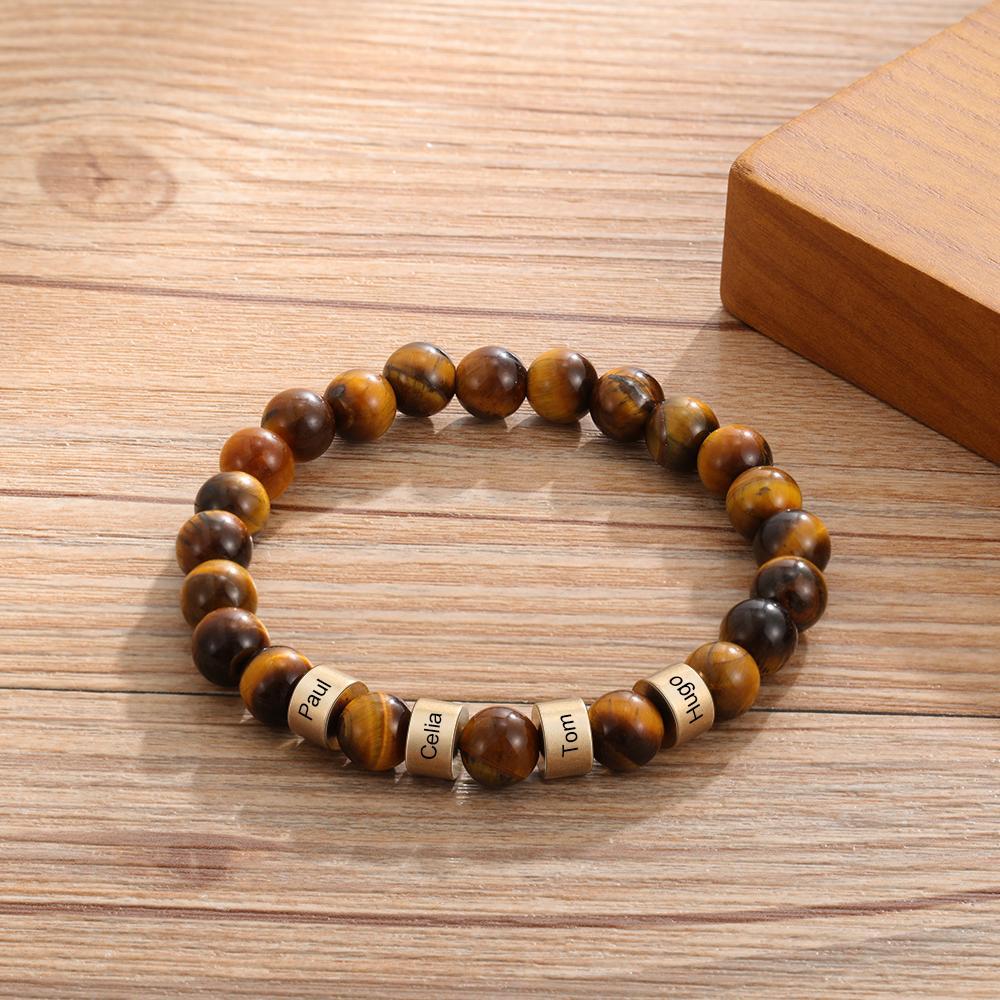 Brown Tiger Eye Men's 3 Name Bracelet Gift For Him