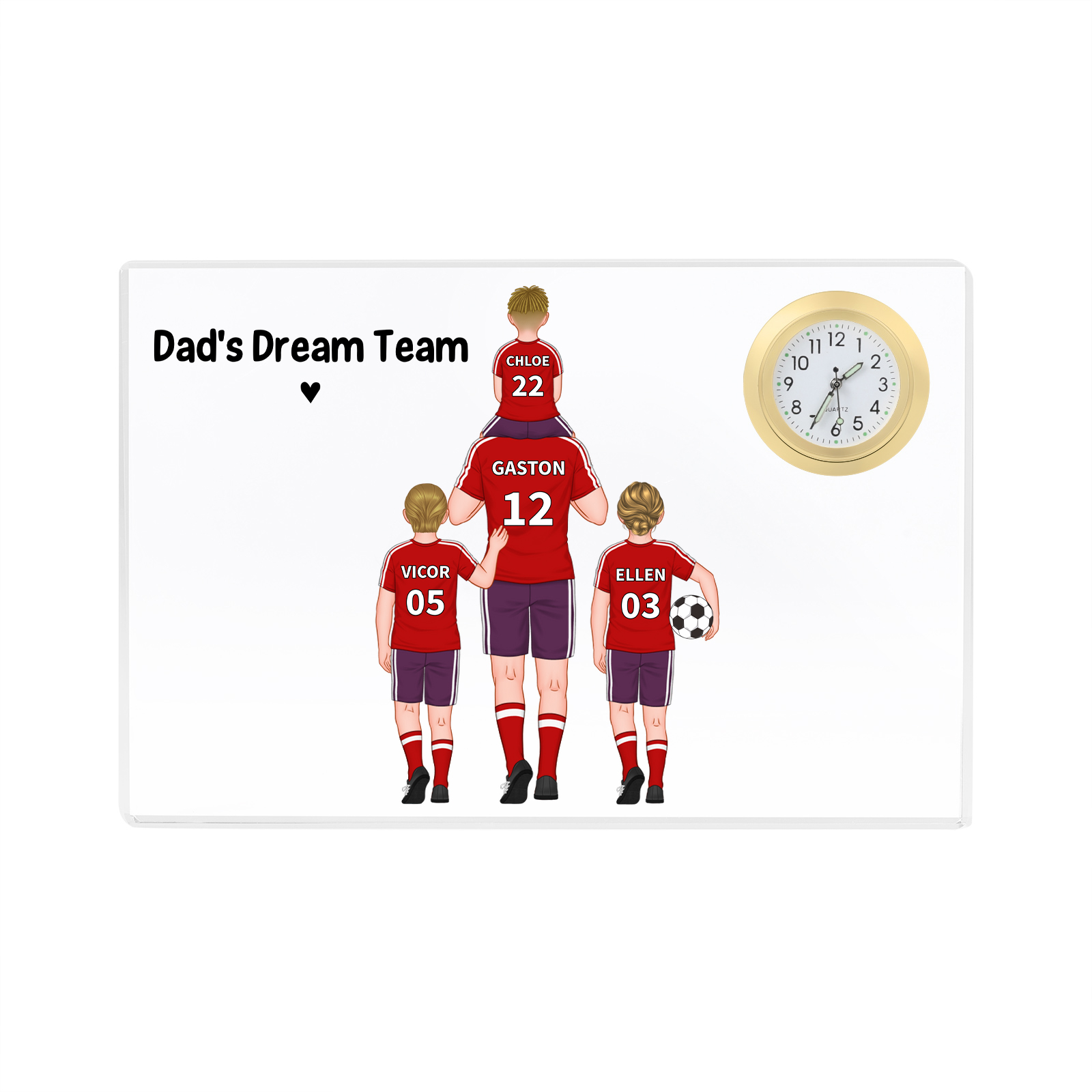 For My Dad - Rectangular Acrylic Plaque 2-9 Personalized Names and 1 Text, with Clock Dad's Football Team