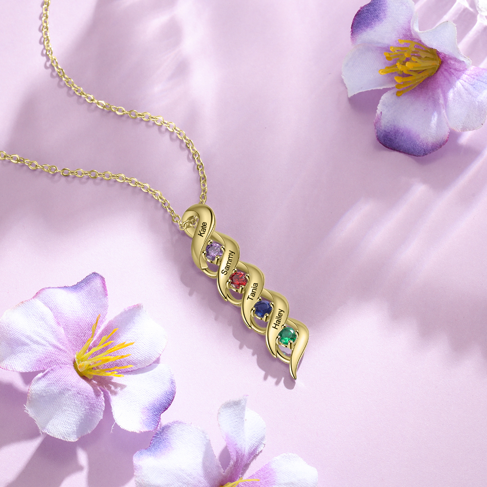 4 Names-Personalized Necklace Cascading Pendant with 4 Birthstones Engraving 4 Names Gifts for Her