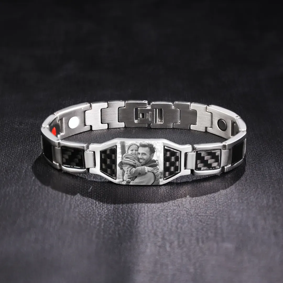 To My Man Personalized Carbon Fiber Energy Bracelet Gift Set, Custom Photo ID Bar Men's Bracelet Bangle Gifts For Him | Jessemade