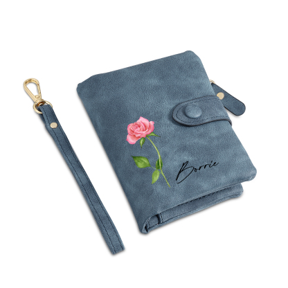 Blue Color Personalized Birthday Flower Leather Wallet Engraving Name Wallet Gifts for Women