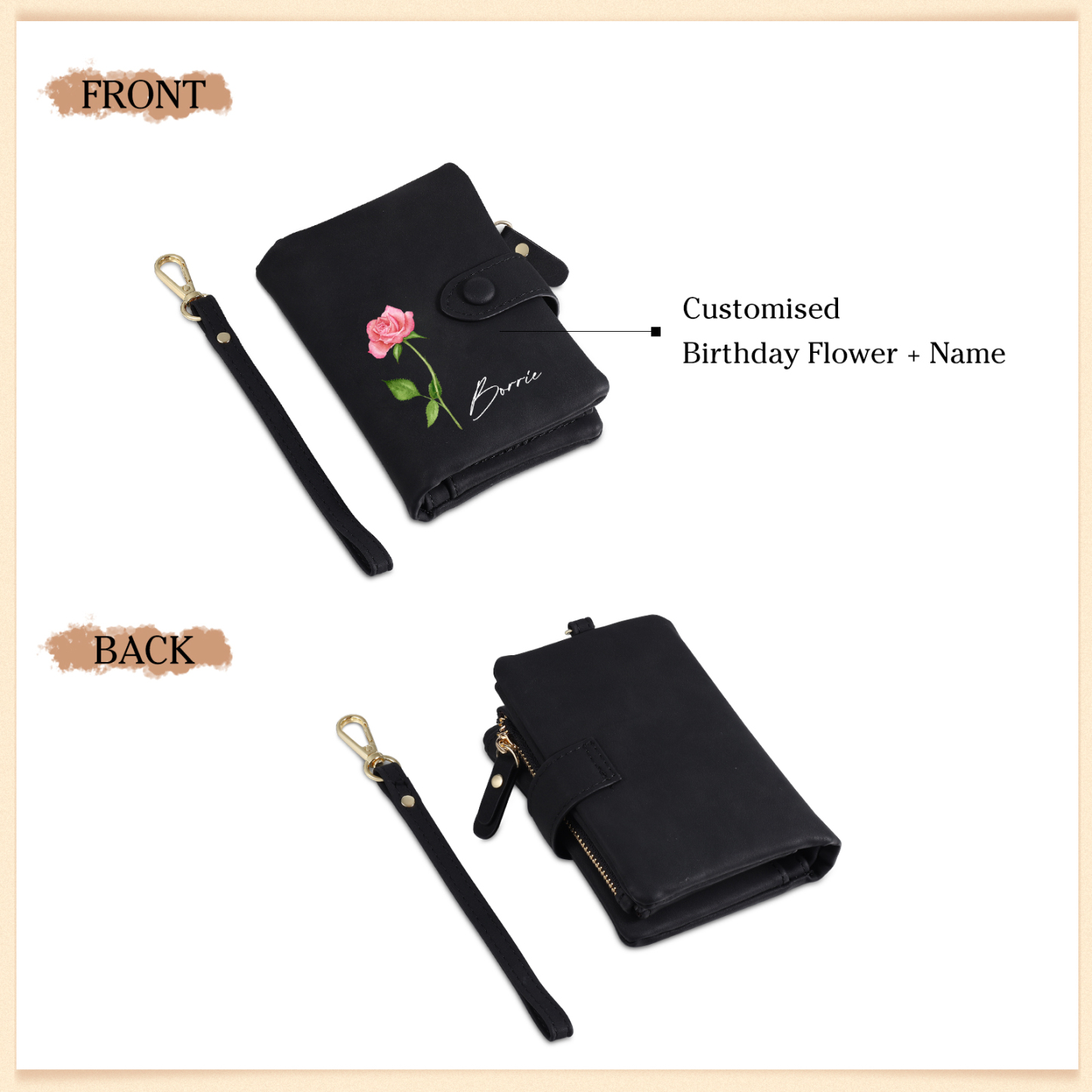 Black Color Personalized Birthday Flower Leather Wallet Engraving Name Wallet Gifts for Women