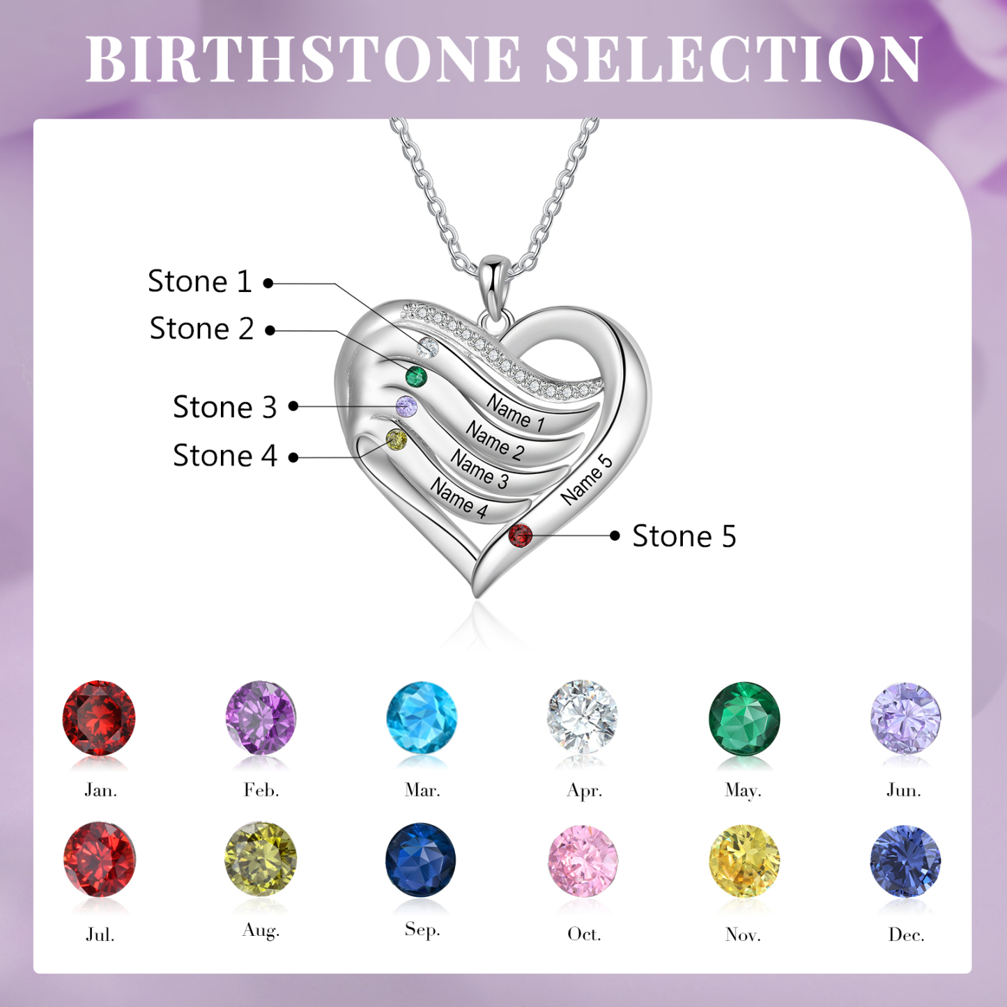 5 Names - Personalized S925 Silver Heart Necklace with Birthstone and Name, Beautiful Gift for Her