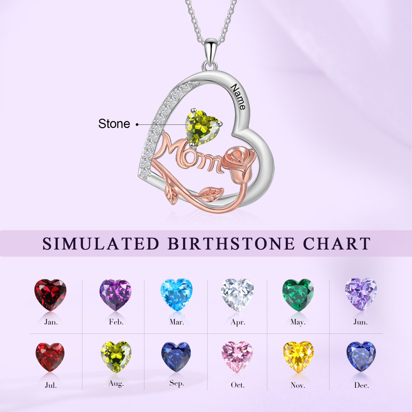 Name - Personalized Silver Heart Necklace with Birthstone and Name as a Mother's Day Gift for Mom