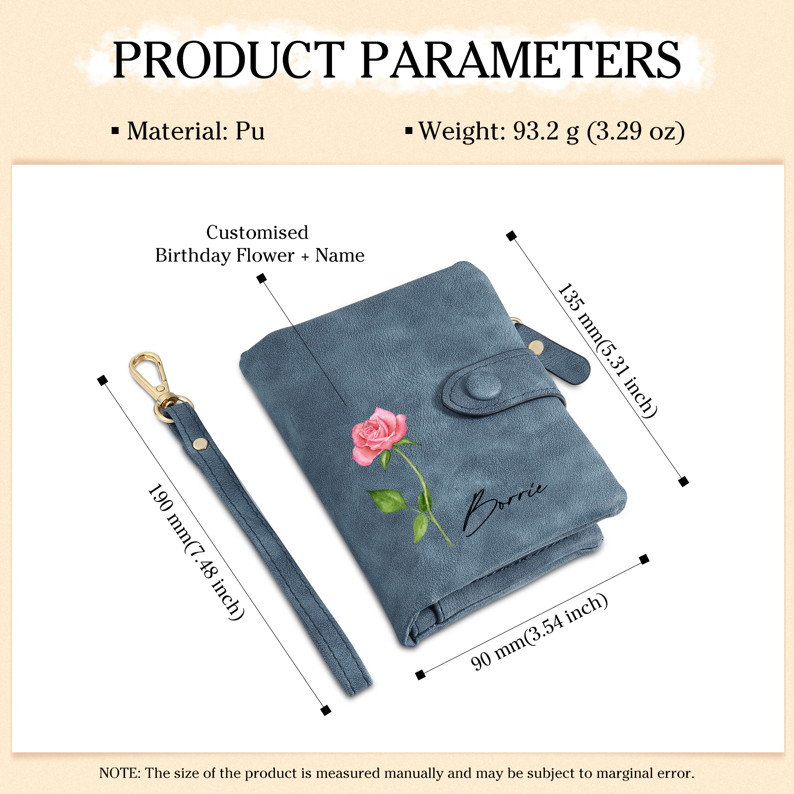 Blue Color Personalized Birthday Flower Leather Wallet Engraving Name Wallet Gifts for Women