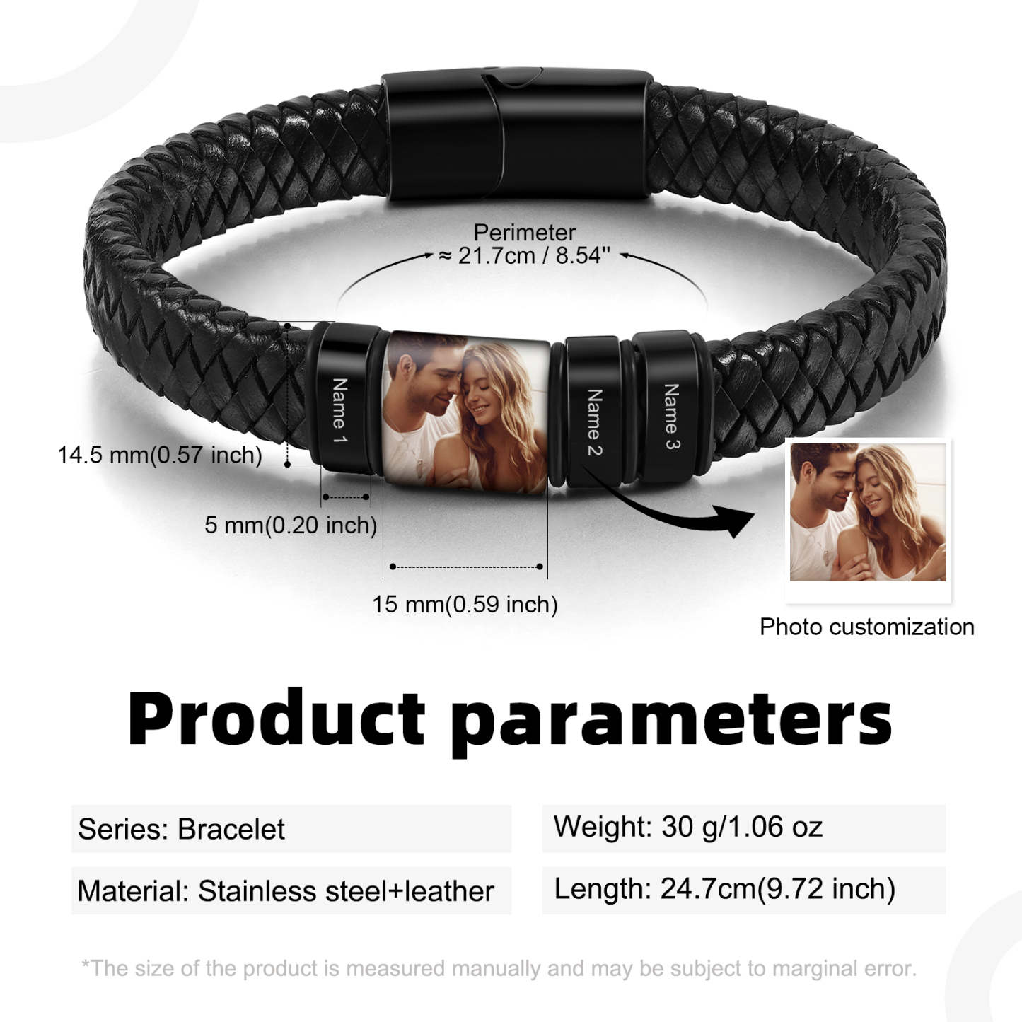 3 Names Personalized Customized Photo Stainless Steel Leather Bracelet Engraved Name Men's Bracelet Gift for Dad