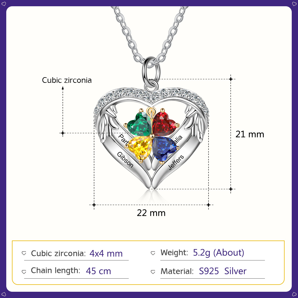 Personalized Wings S925 Silver Necklace With 4 Heart Birthstones Engraved Names Gift For Women