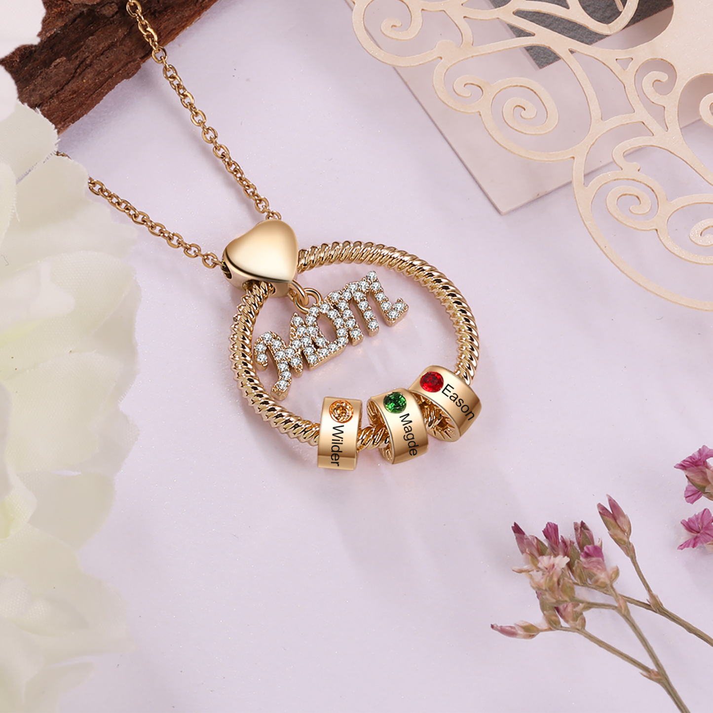 3 Names-Personalized Mom Necklace Set With Premium Rotating Rose Flower Gift Box-Custom Necklace With 3 Birthstones Engraved Names Gift For Mother