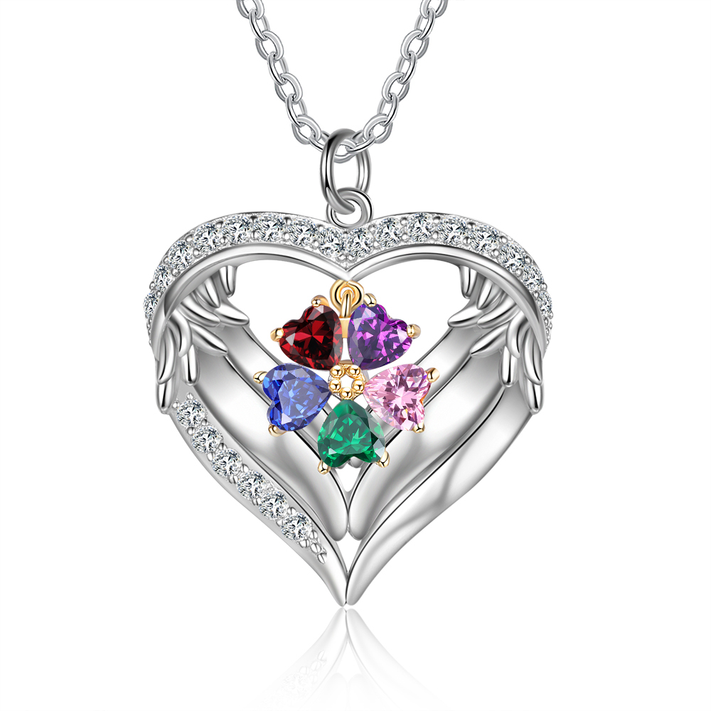 Personalized Wings S925 Silver Necklace With 5 Heart Birthstones Engraved Names Gift For Women