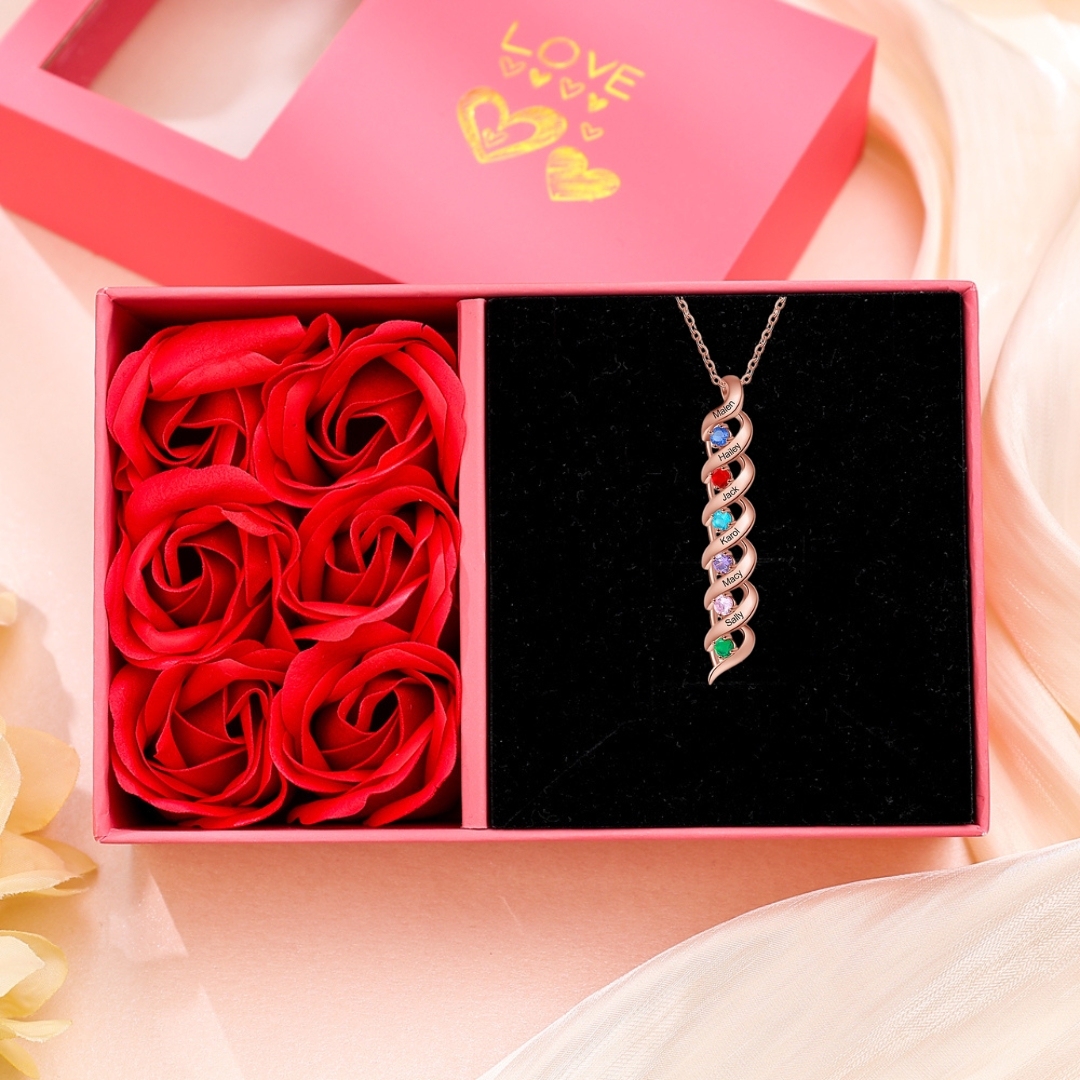1-10 Names-Personalized Birthstones Necklace Set With Rose Gift Box-Custom Cascading Pendant Necklace Engraving 3 Names Gifts for Her