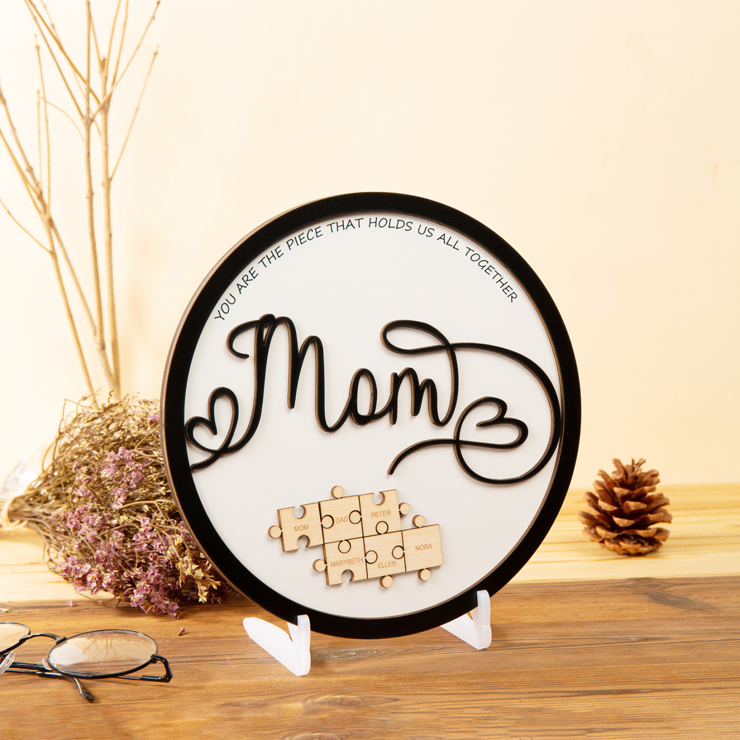 Personalized Mom You Are the Piece that Holds Us Together Puzzle Sign Custom Mom Plaque with 3 Kids' Names