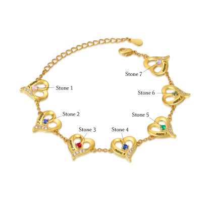 7 Names-Personalized Heart Bracelet With 7 Birthstones Engraved Names Bangle For Her