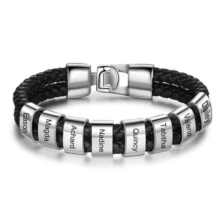Customized Braided Leather Bracelet Engraved 8 Names Men's Bracelet for Him