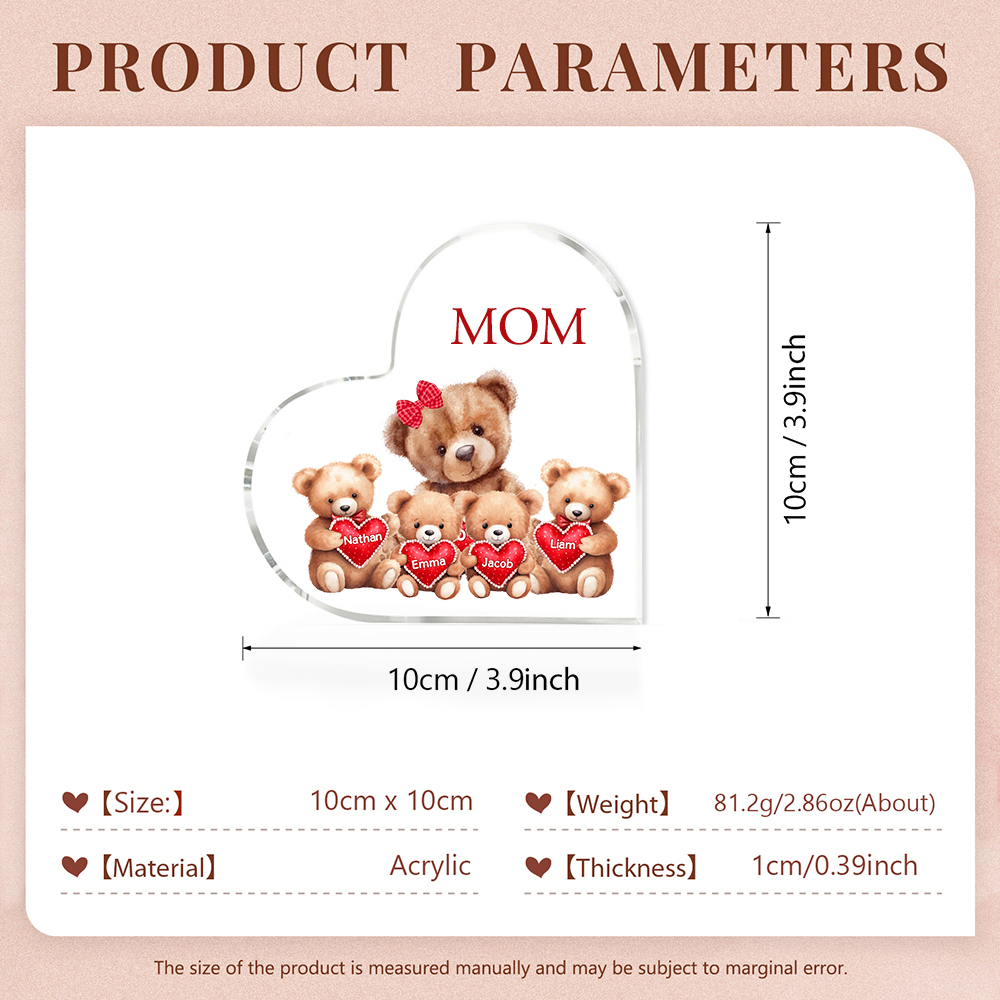 4 Names-Personalized Mom Acrylic Heart Keepsake Custom Text Love Teddy Bear Ornaments Gifts Set With Gift Box for Grandma/Mother