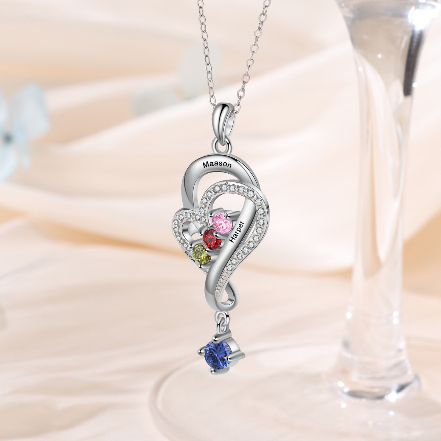 Personalized Overlap Heart Birthstone Necklace Custom 3 Names Necklace Gifts for Her
