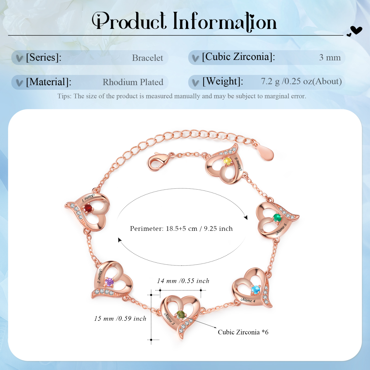 6 Names-Personalized Heart Bracelet With 6 Birthstones Engraved Names Bangle For Her