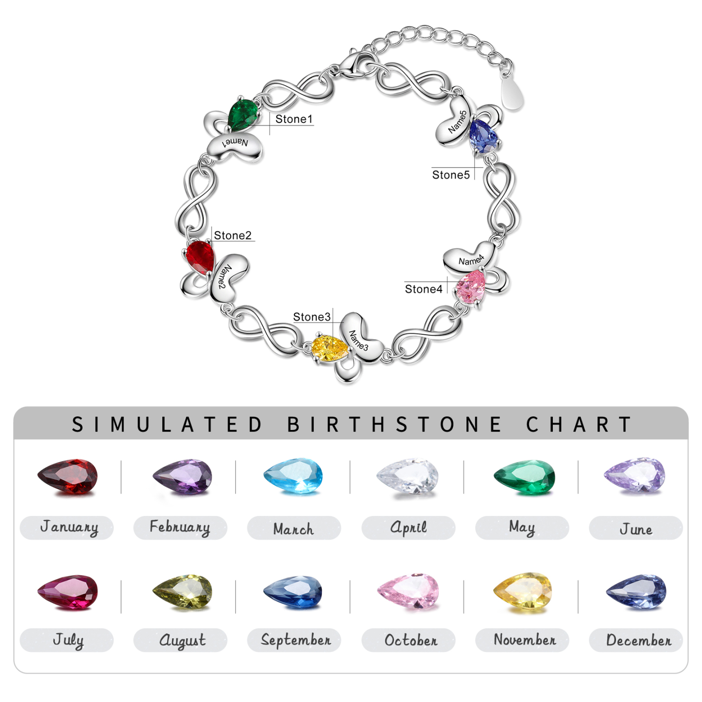 Personalized Butterfly Bracelet With 5 Birthstones Custom Names Bracelet Gift For Women