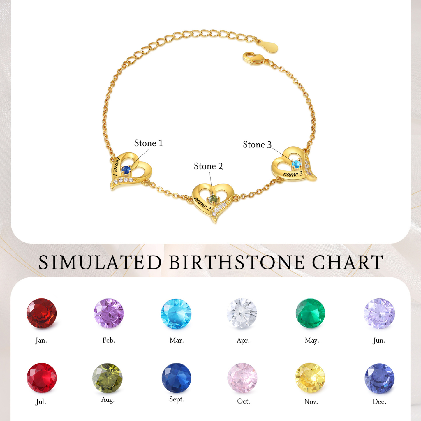 3 Names-Personalized Heart Bracelet With 3 Birthstones Engraved Names Bangle For Her