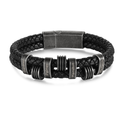 4 Names - Personalized PU Leather Men's Bracelet, Customized Name Bracelet with Gift Box Vintage Gift for Him