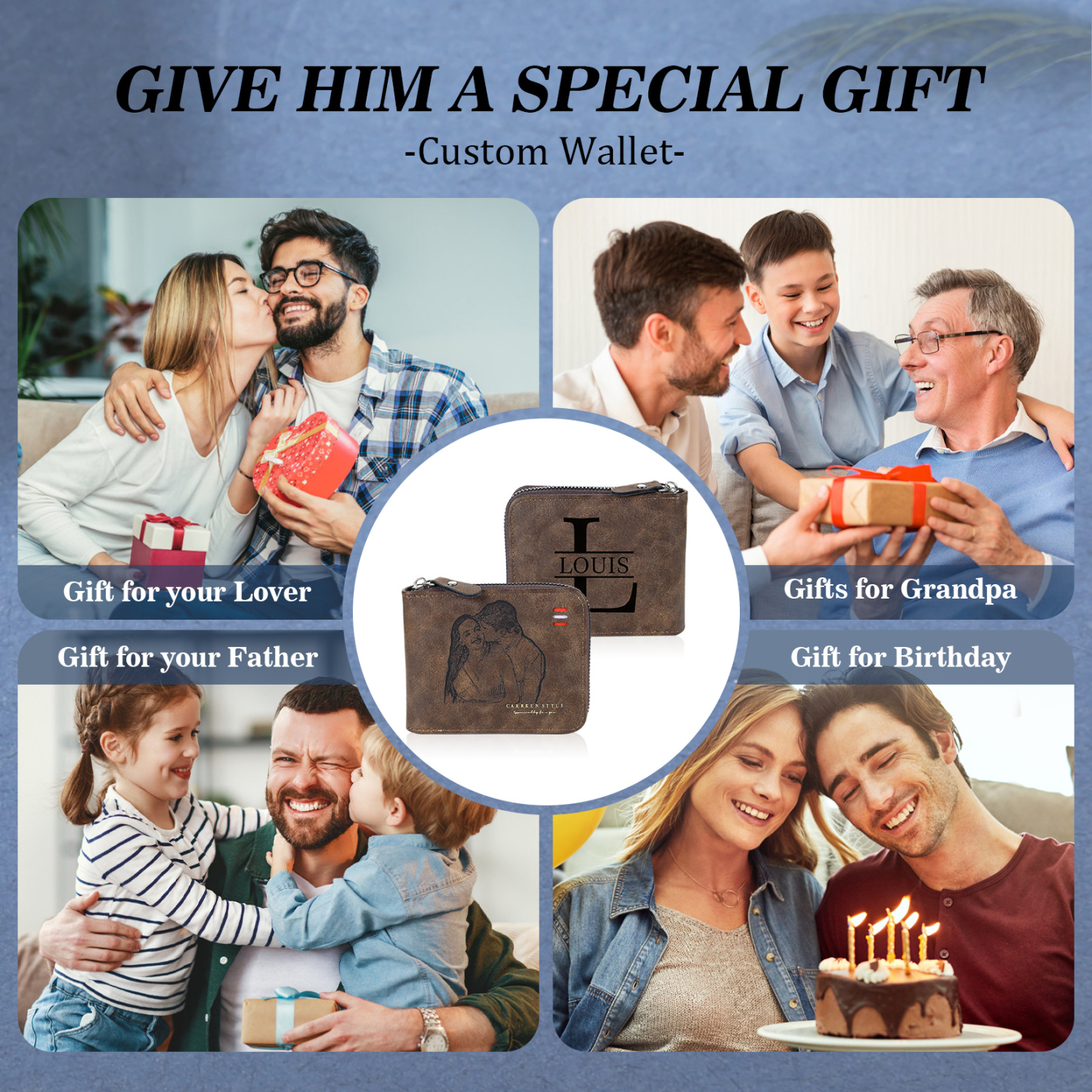 Personalized Photo Leather Men's Wallet Customized Name Letter Folding Dark brown Wallet For Couple