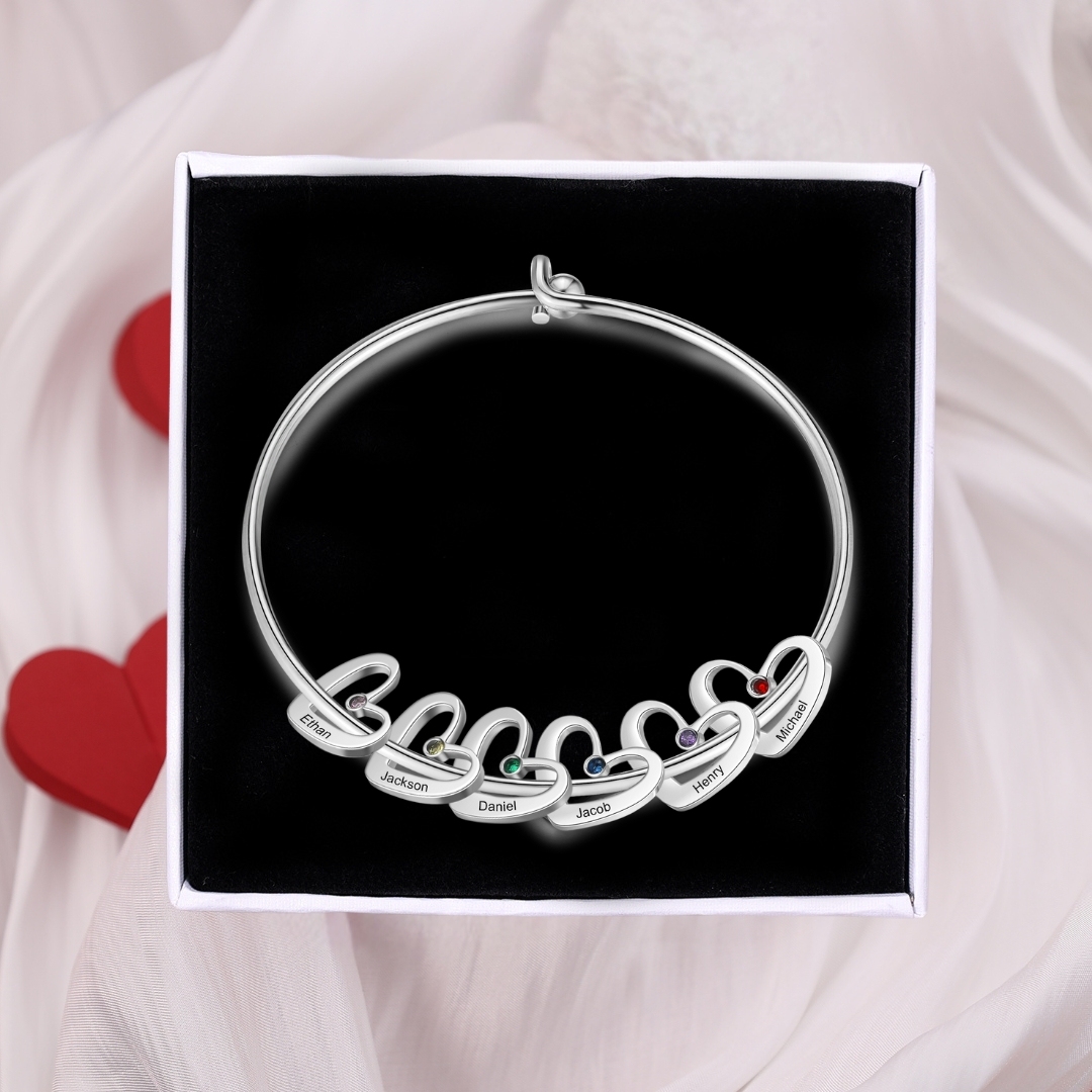 Personalized Heart Bangle With 6 Names and Birthstones Bangle Bracelet Mother's Day Gifts For women