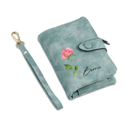 Green Color Personalized Birthday Flower Leather Wallet Engraving Name Wallet Gifts for Women