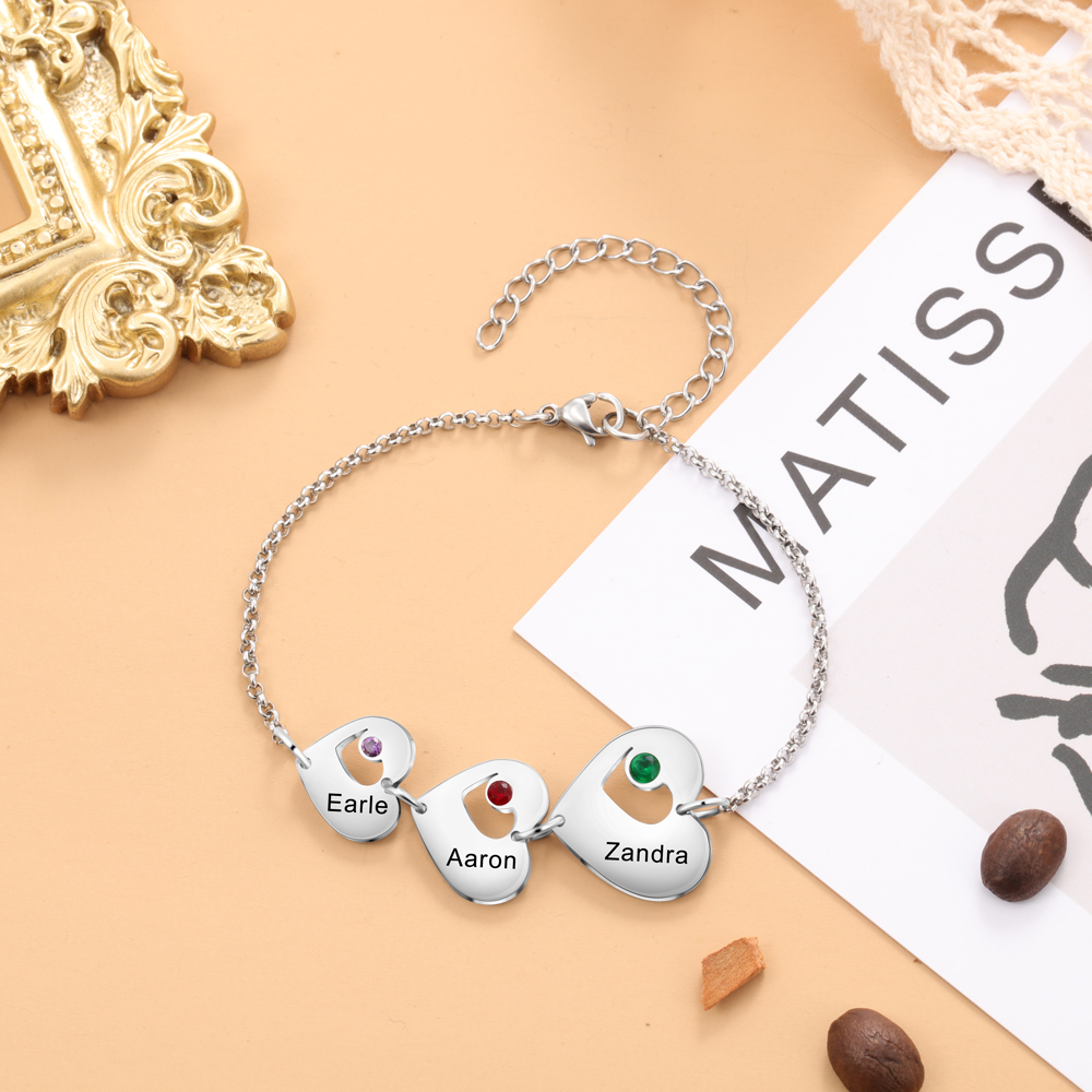 Personalized Heart Bracelet with Birthstones Custom 3 Names Family Bracelet Gifts for Her