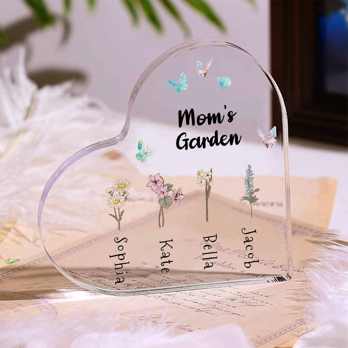 Personalized Heart Shaped Acrylic Plaque - with 1-10 names & birthflowers - Gift for Mom