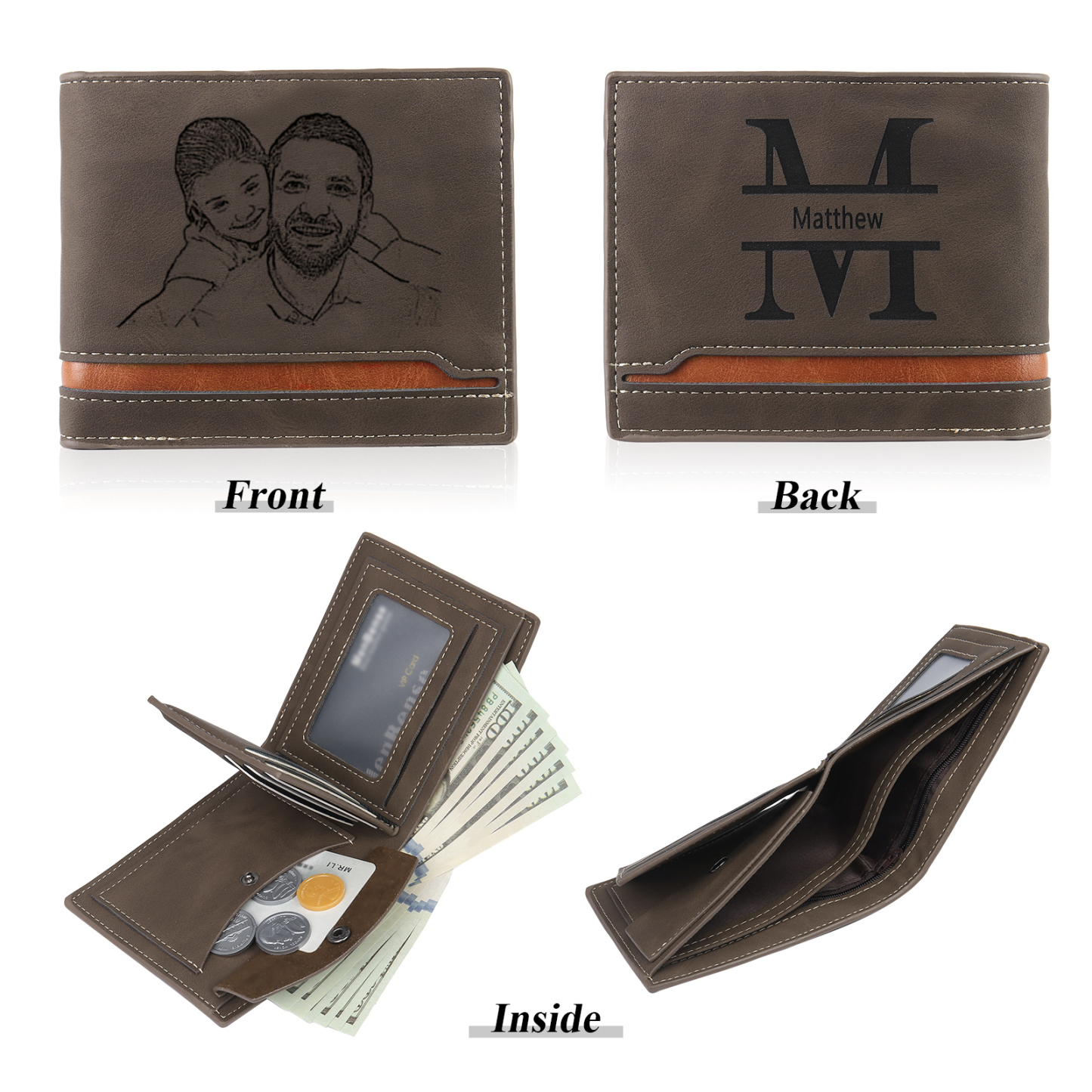 Personalized Leather Wallet Gift Box Set Keychain Strap Customizable 2 Photos 1 Letter and 1 Text Gift for Dad