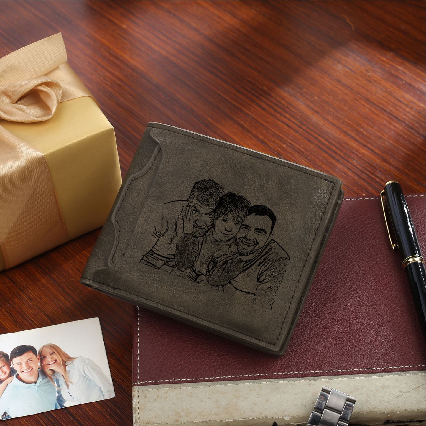 3 Names - Personalized Photo Custom Leather Men's Folding Wallet as a Father's Day Gift for Dad