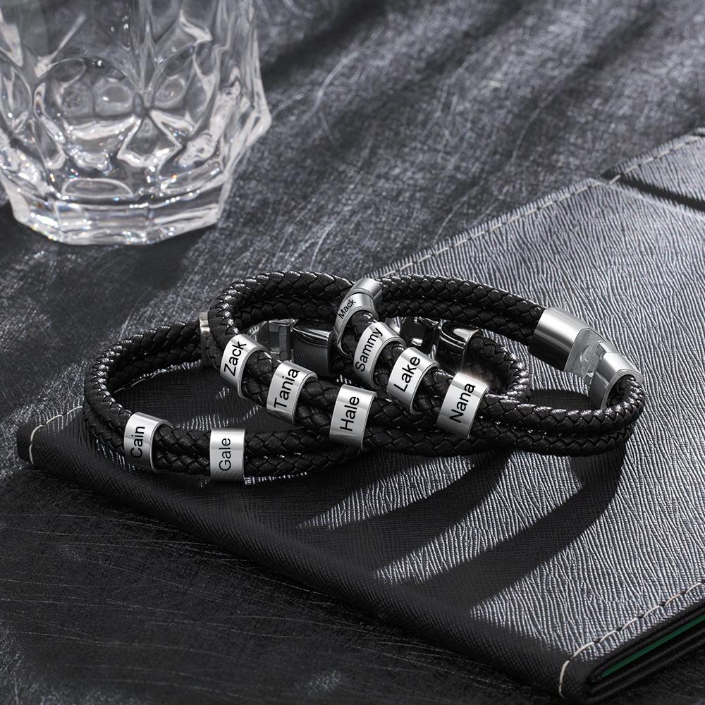 Customized Braided Leather Bracelet Engraved 5 Names Men's Bracelet Gifts For Him