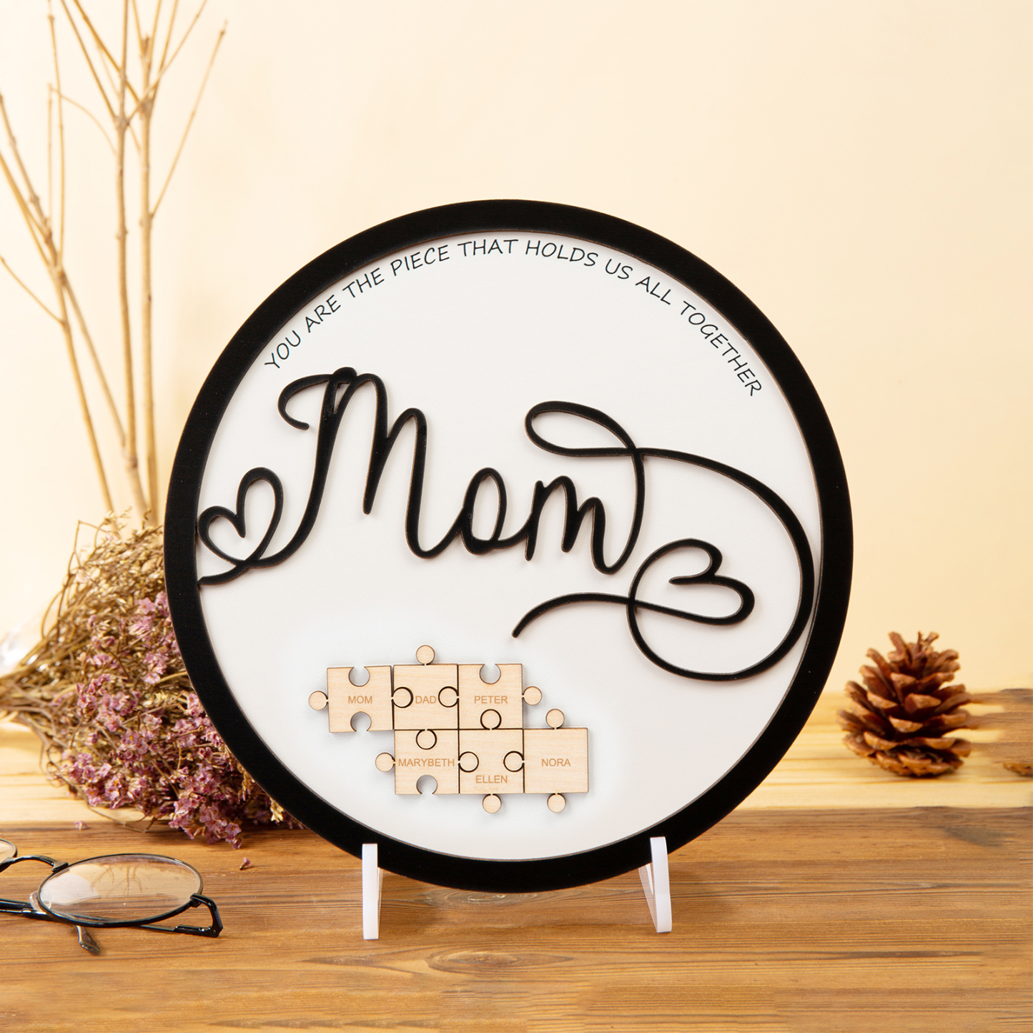 Personalized Mom You Are the Piece that Holds Us Together Puzzle Sign Custom Mom Plaque with 3 Kids' Names