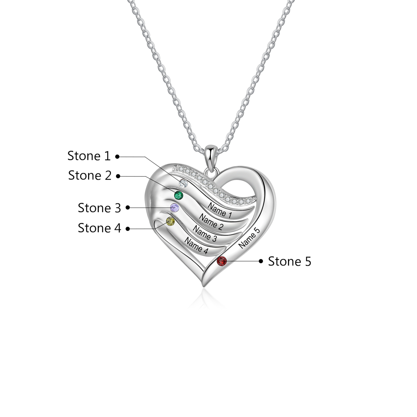 5 Names - Personalized S925 Silver Heart Necklace with Birthstone and Name, Beautiful Gift for Her