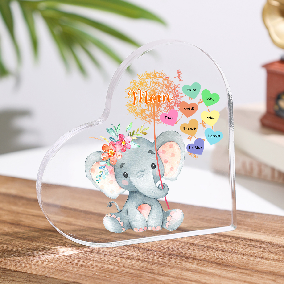 Customized 1-10 Names, Elephant Takes Dandelions tyle Acrylic Heart-shaped Decorative Brand Plaque Decoration for Mom