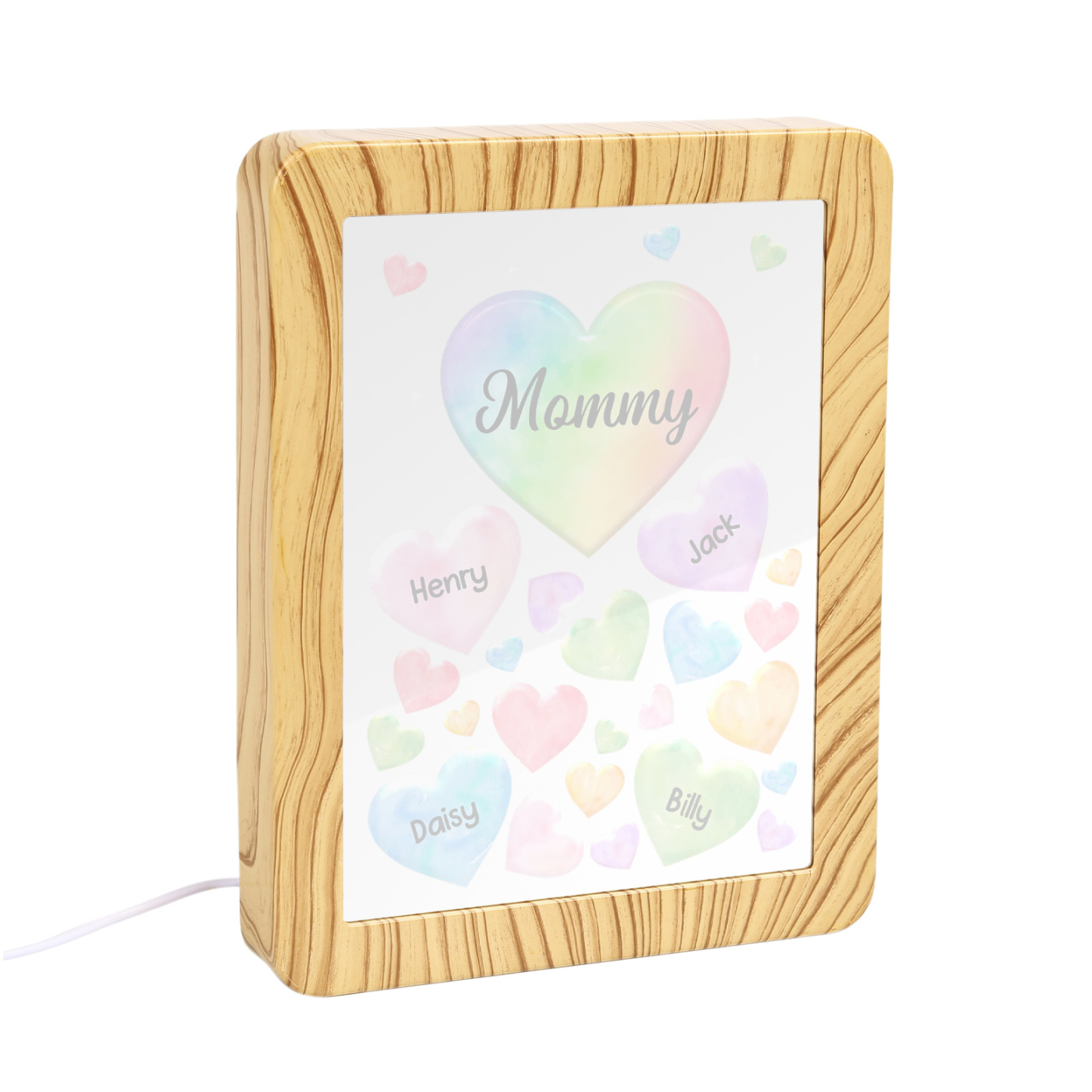 4 Names - Personalized Mom Home Wood Color Plug-in Mirror Photo Frame Custom Text LED Night Light Gift for Mom