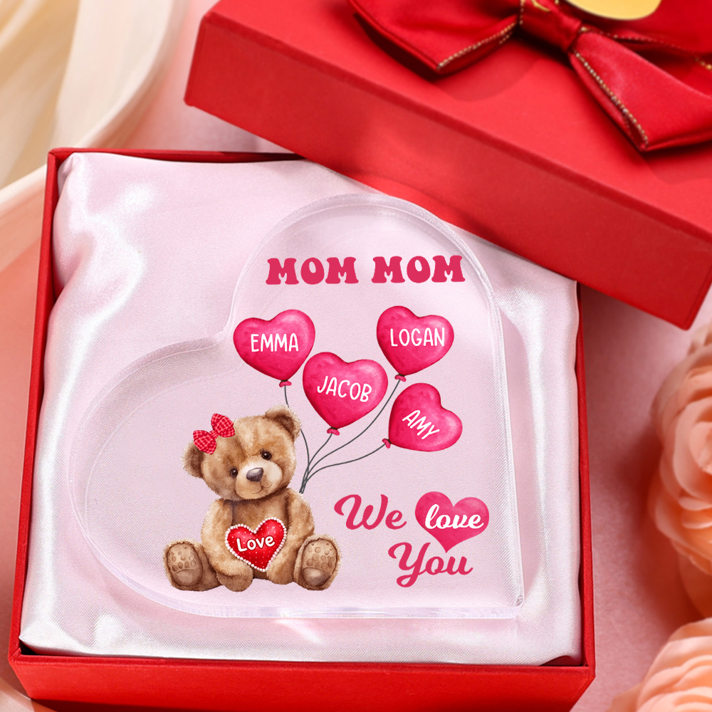 4 Names-Personalized Bear Acrylic Heart Keepsake Custom Text Acrylic Plaque Ornaments Gifts for Mom