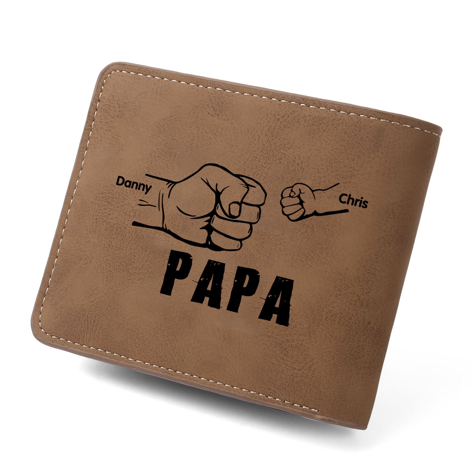 2-Names Personalized Leather Men's wallet With Card Slot Engraved With Name And Photo For Papa As a Father's Day Unique Gift