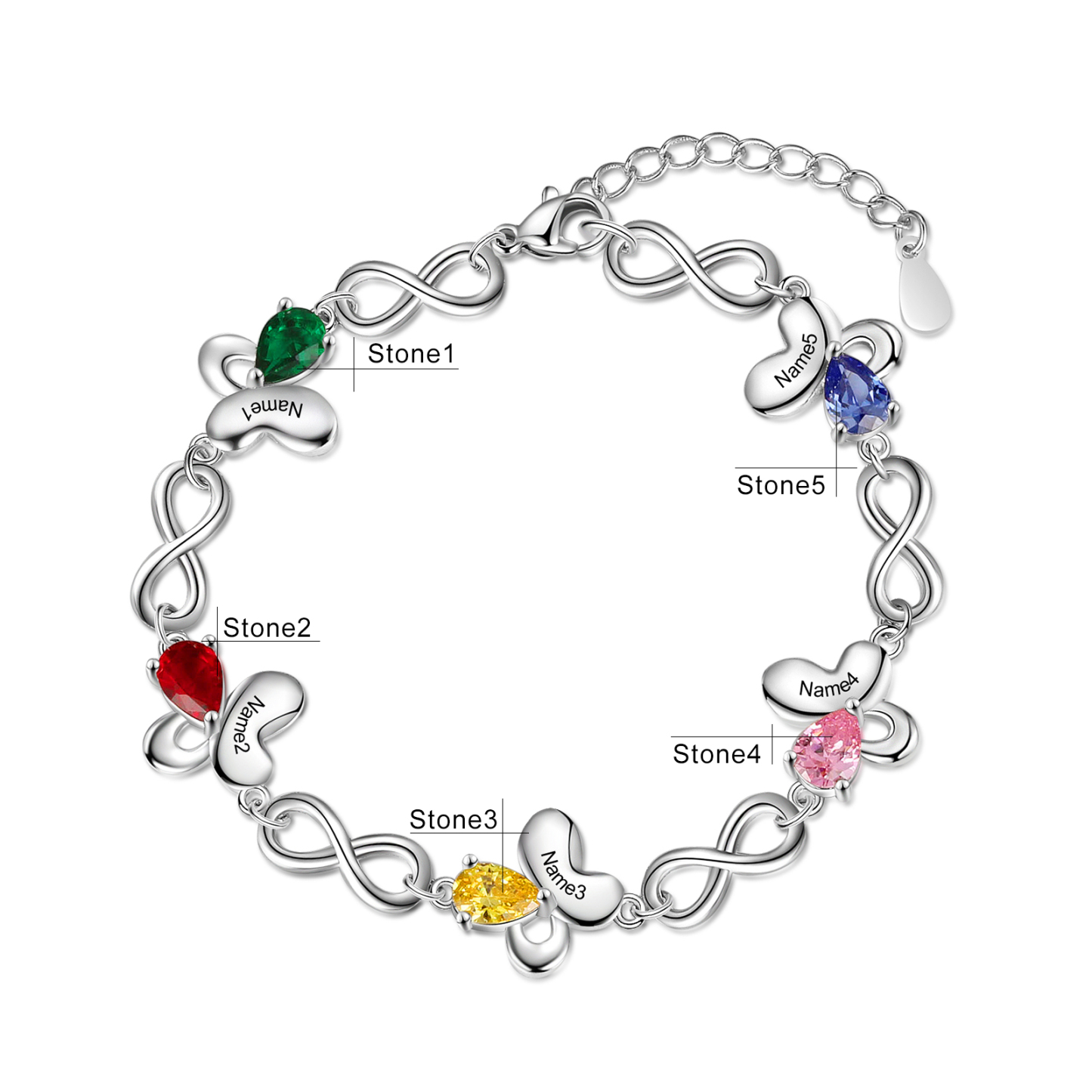 Personalized Butterfly Bracelet With 5 Birthstones Custom Names Bracelet Gift For Women