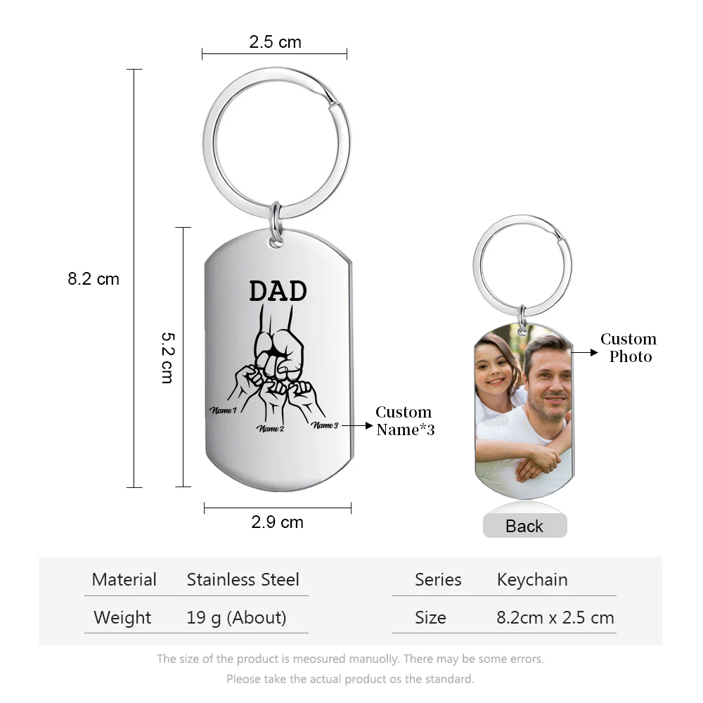 3 Names - Personalized Fist Pendant Keychain Gift Set - Customized Photo Special Gift for Dad