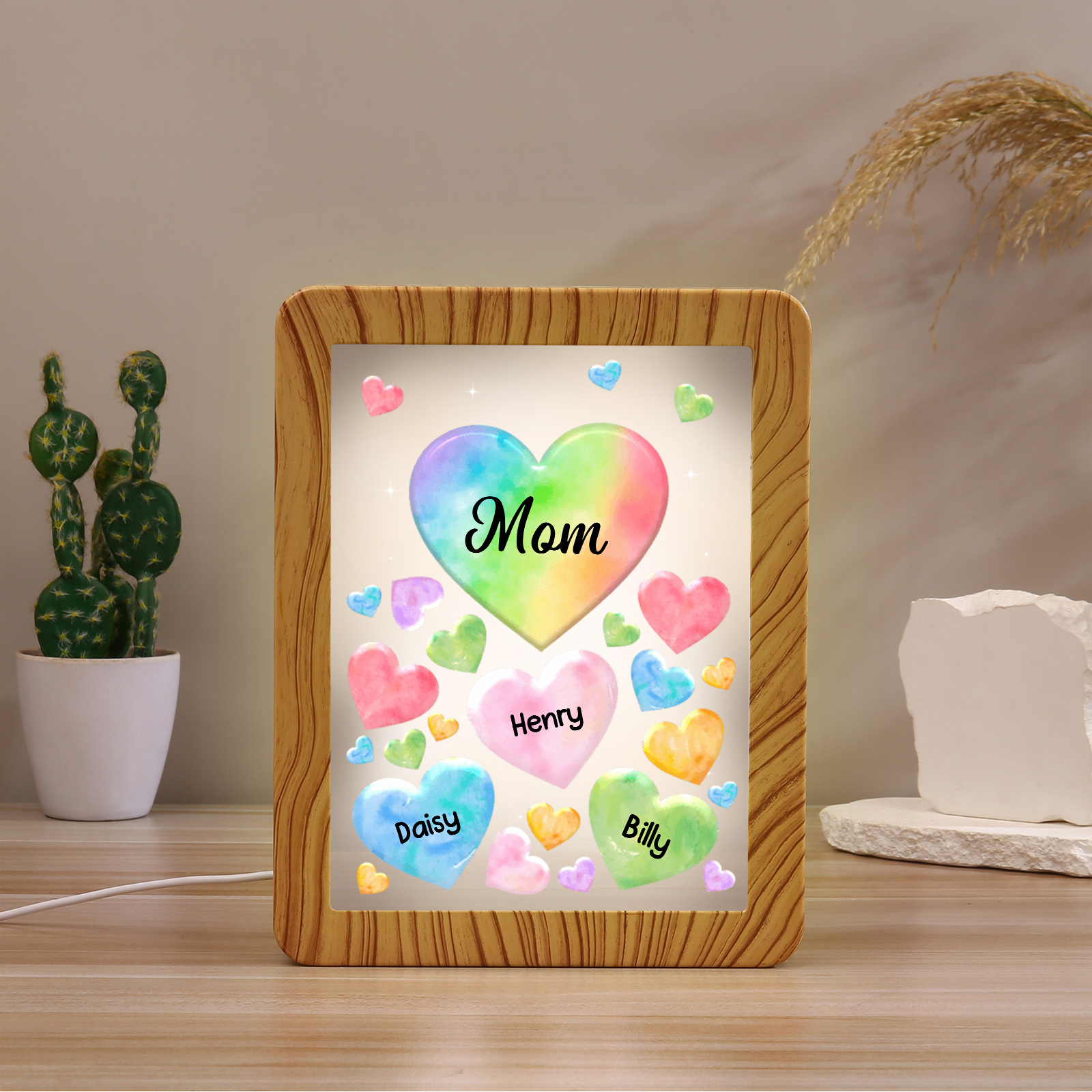 3 Names - Personalized Mom Home Wood Color Plug-in Mirror Photo Frame Custom Text LED Night Light Gift for Mom
