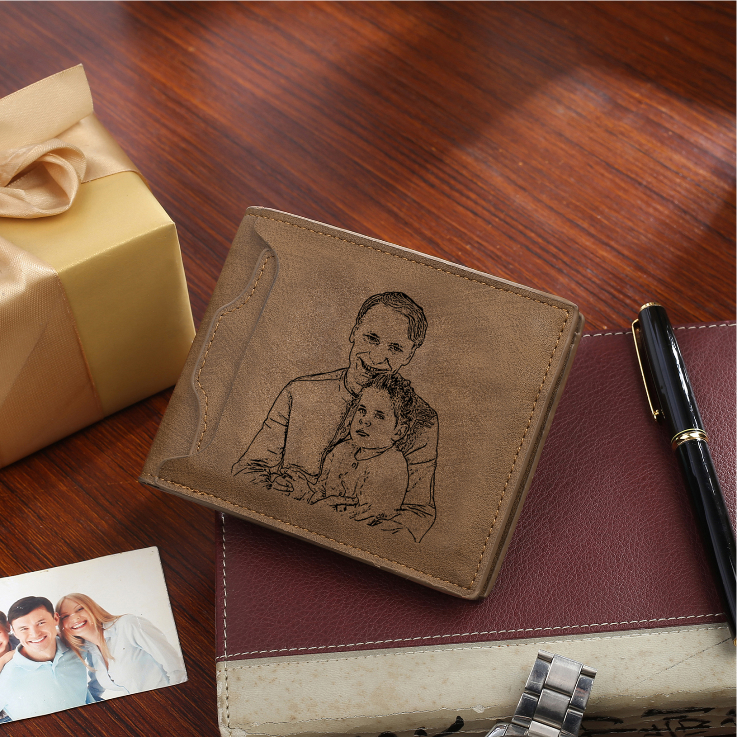 3 Names - Personalized Photo Custom Leather Men's Folding Wallet as a Father's Day Gift for Dad