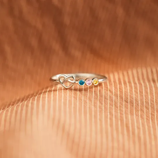 Family Ring Personalized 3 Birthstones Heart Knot Ring Band
