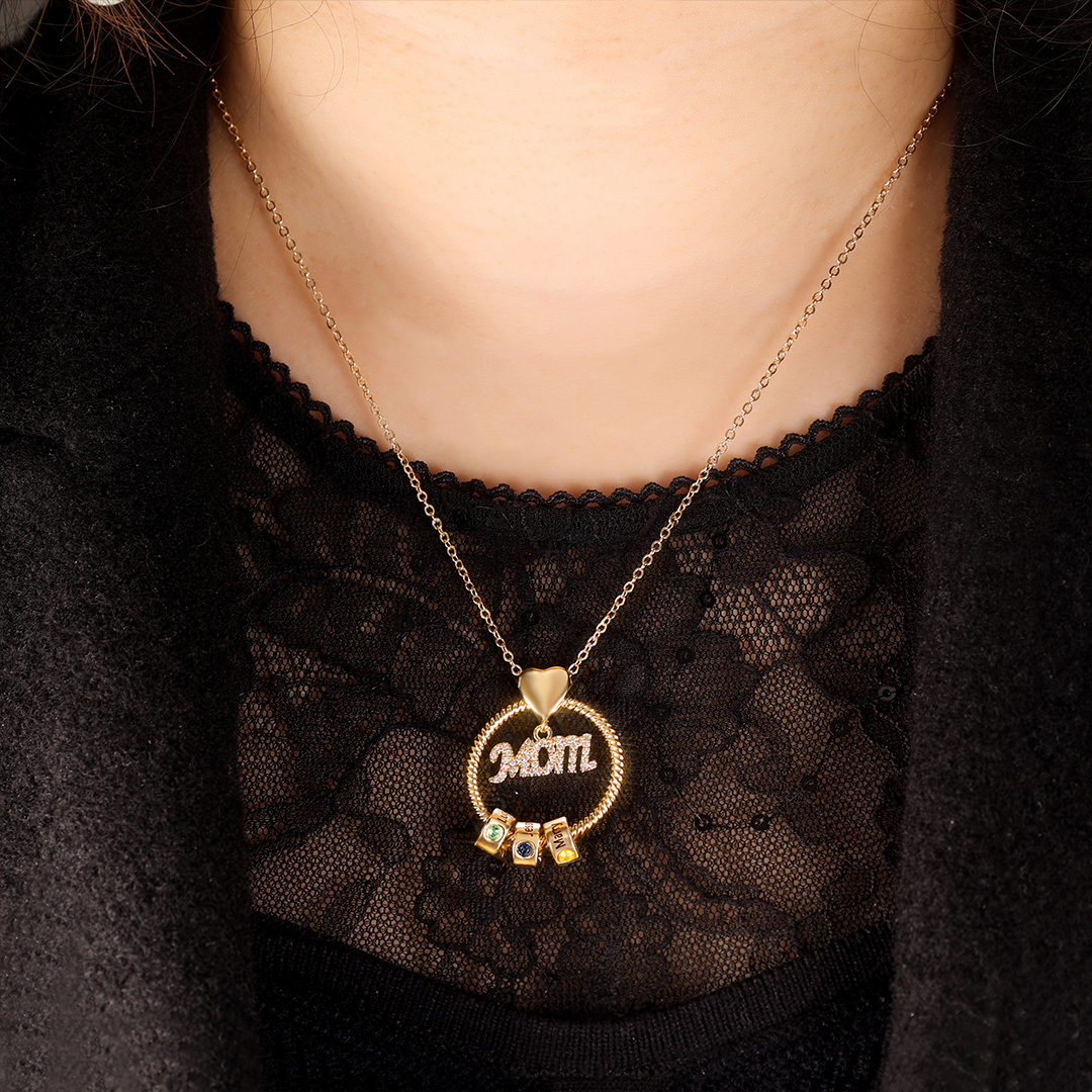 3 Names-Personalized Mom Necklace Set With Premium Rotating Rose Flower Gift Box-Custom Necklace With 3 Birthstones Engraved Names Gift For Mother