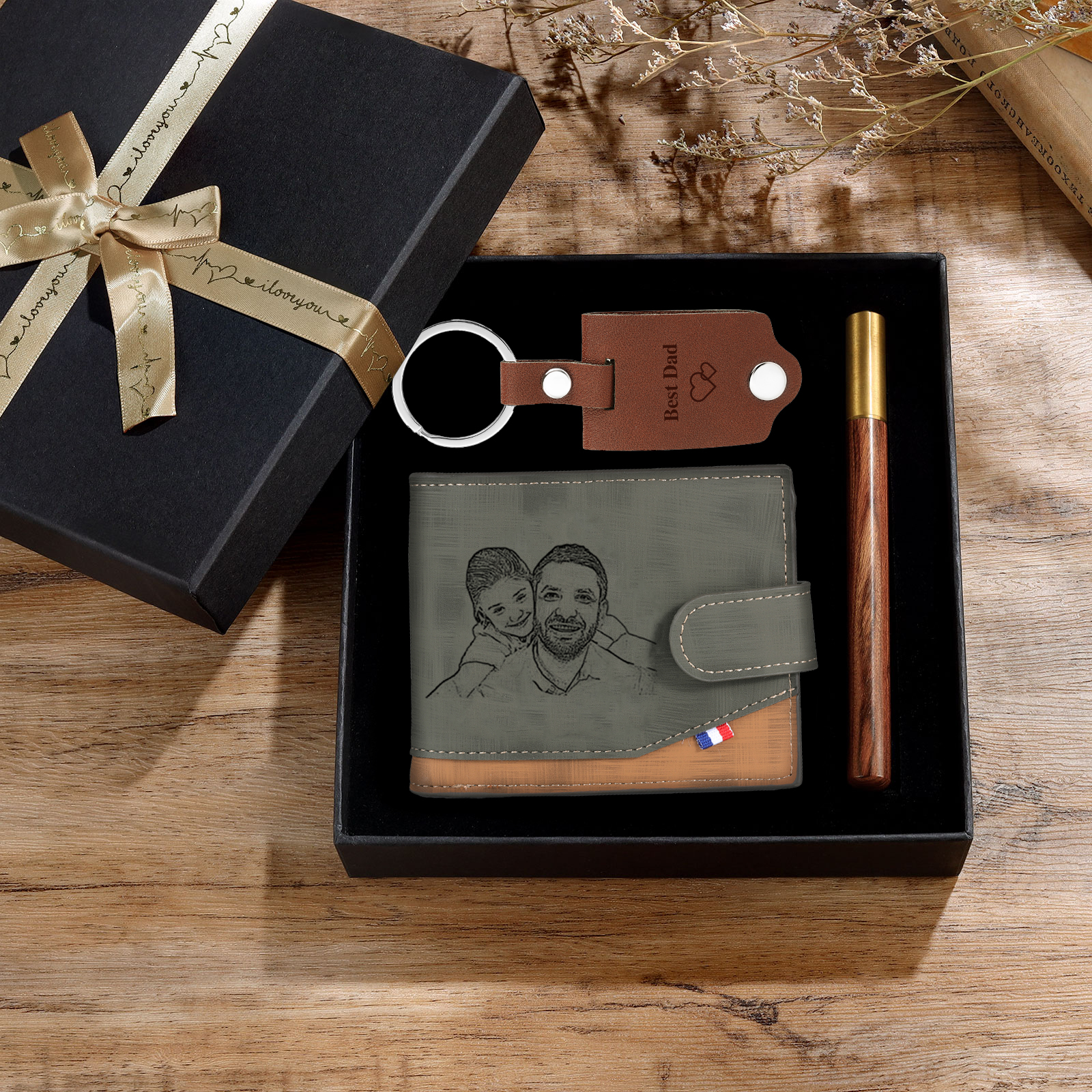 Photo Personalized Leather Wallet Gift Box Set with Keychain Customizable Letter Name Wallet Gift for Him