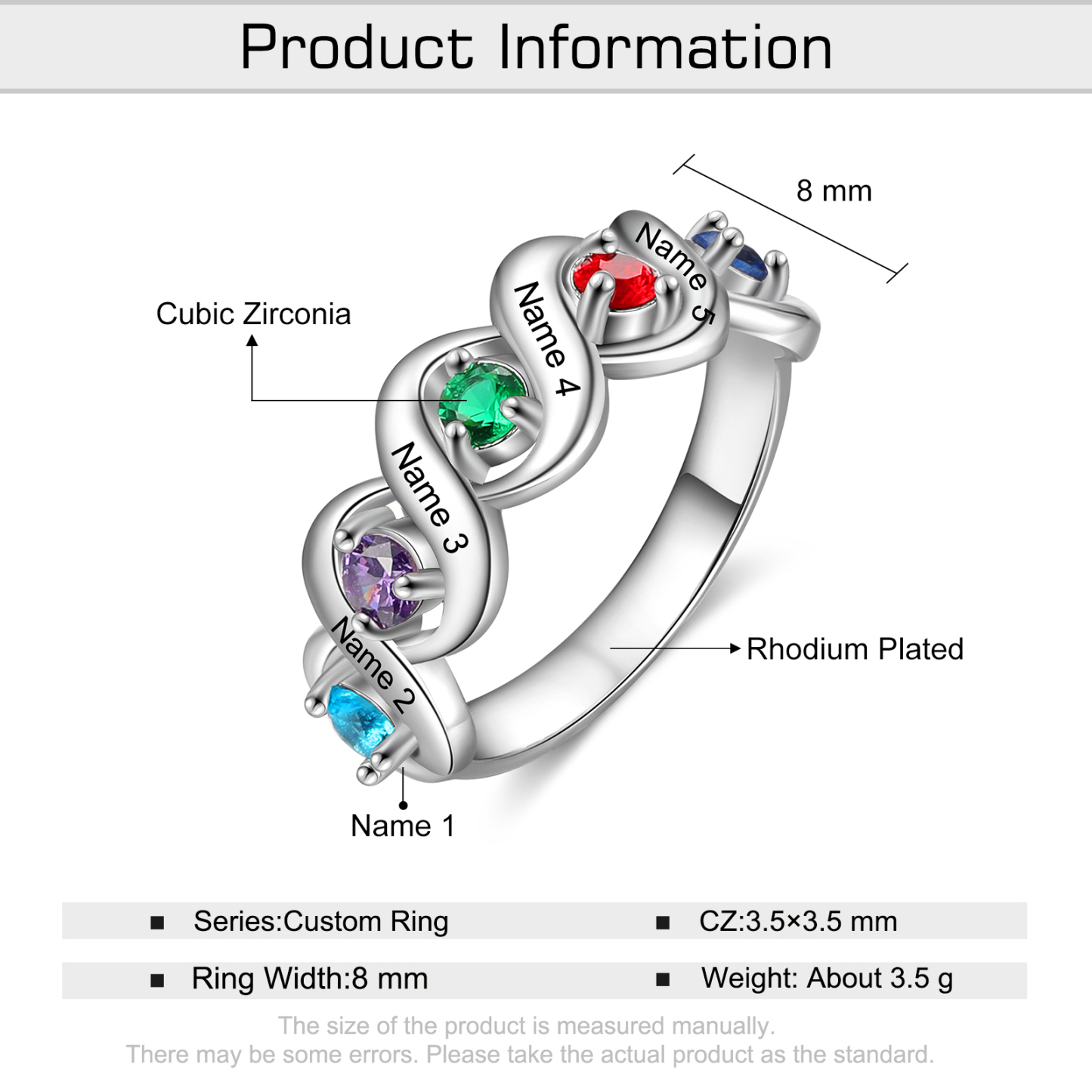 Personalized Ring With 5 Birthstones Engraved Names Ring Gift For Women