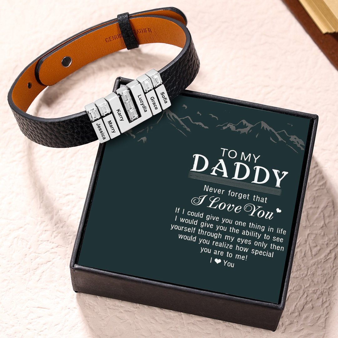 Customized Leather Bracelet with Beads Engraved 4 Names Bangle for Him