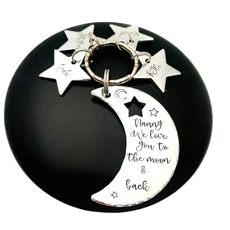 Personalized Nanny Keychain Custom 1 Name Moon and Star Keyring "we love you to the moon & back" for Her