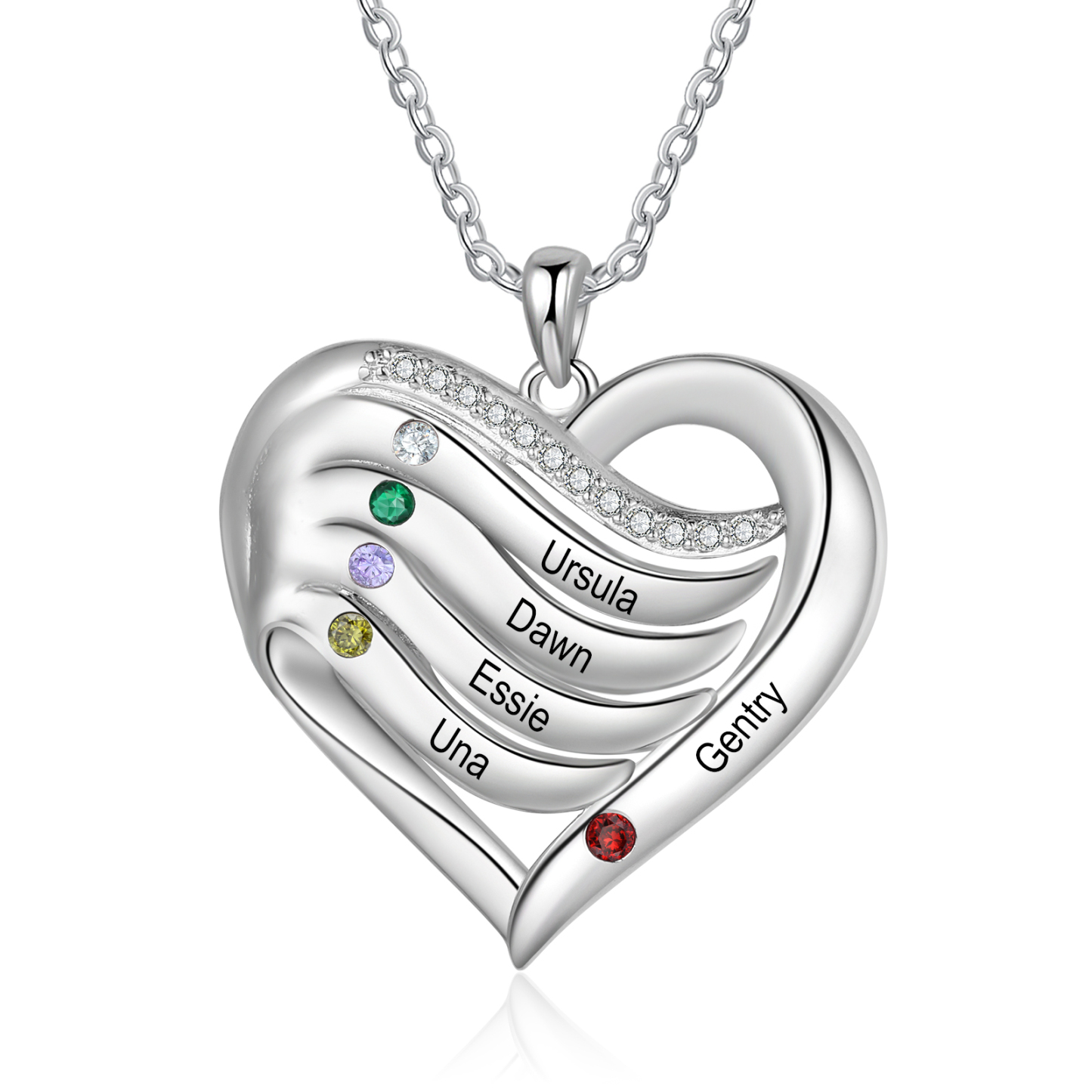 5 Names - Personalized S925 Silver Heart Necklace with Birthstone and Name, Beautiful Gift for Her