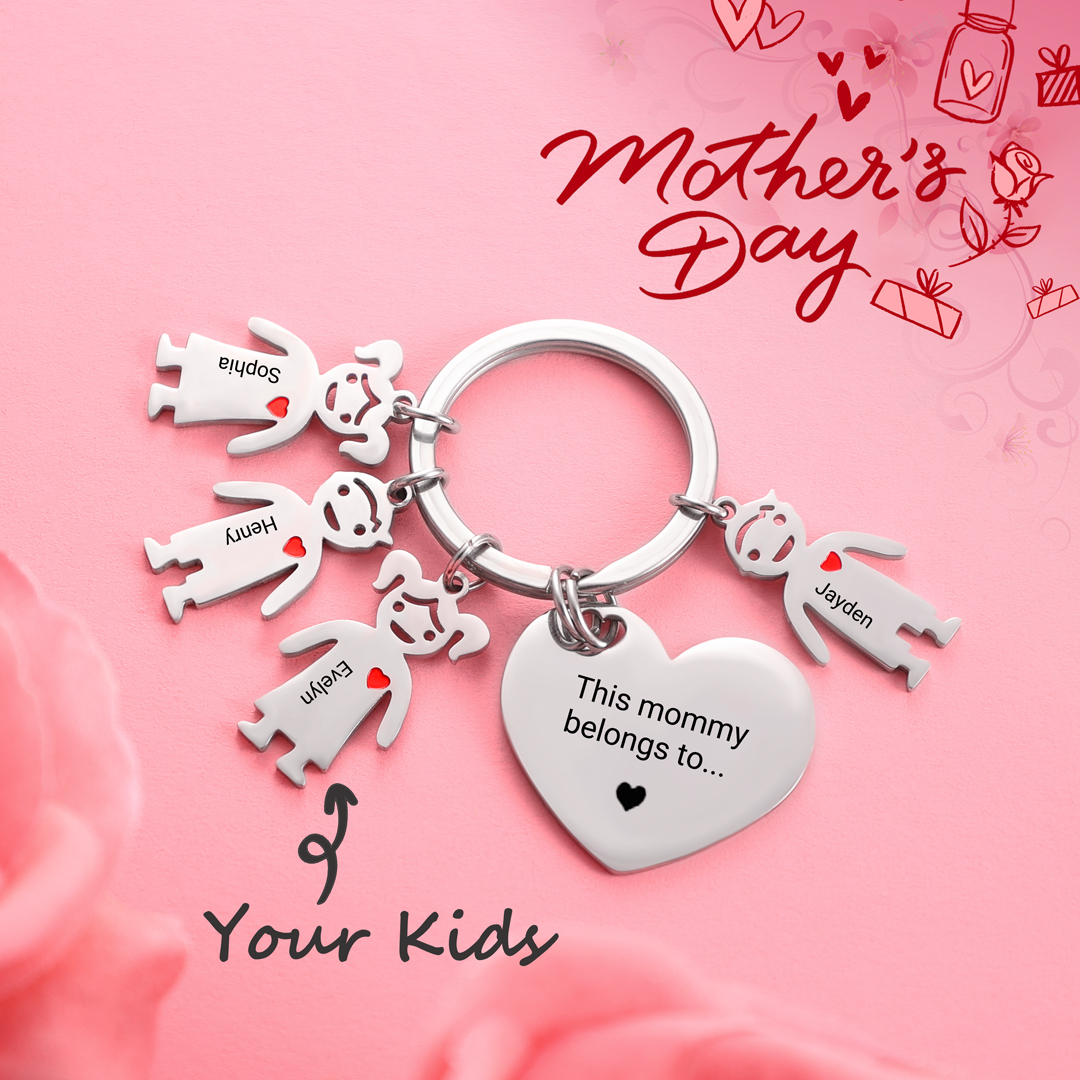 Mother's Day Gifts Personalized Heart Keychain With 4 Kid Charms "This Mommy Belongs to" For Her